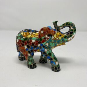 Mosaic Elephant Lucky Figurine Statue – Multicolor, Trunk Up for Luck